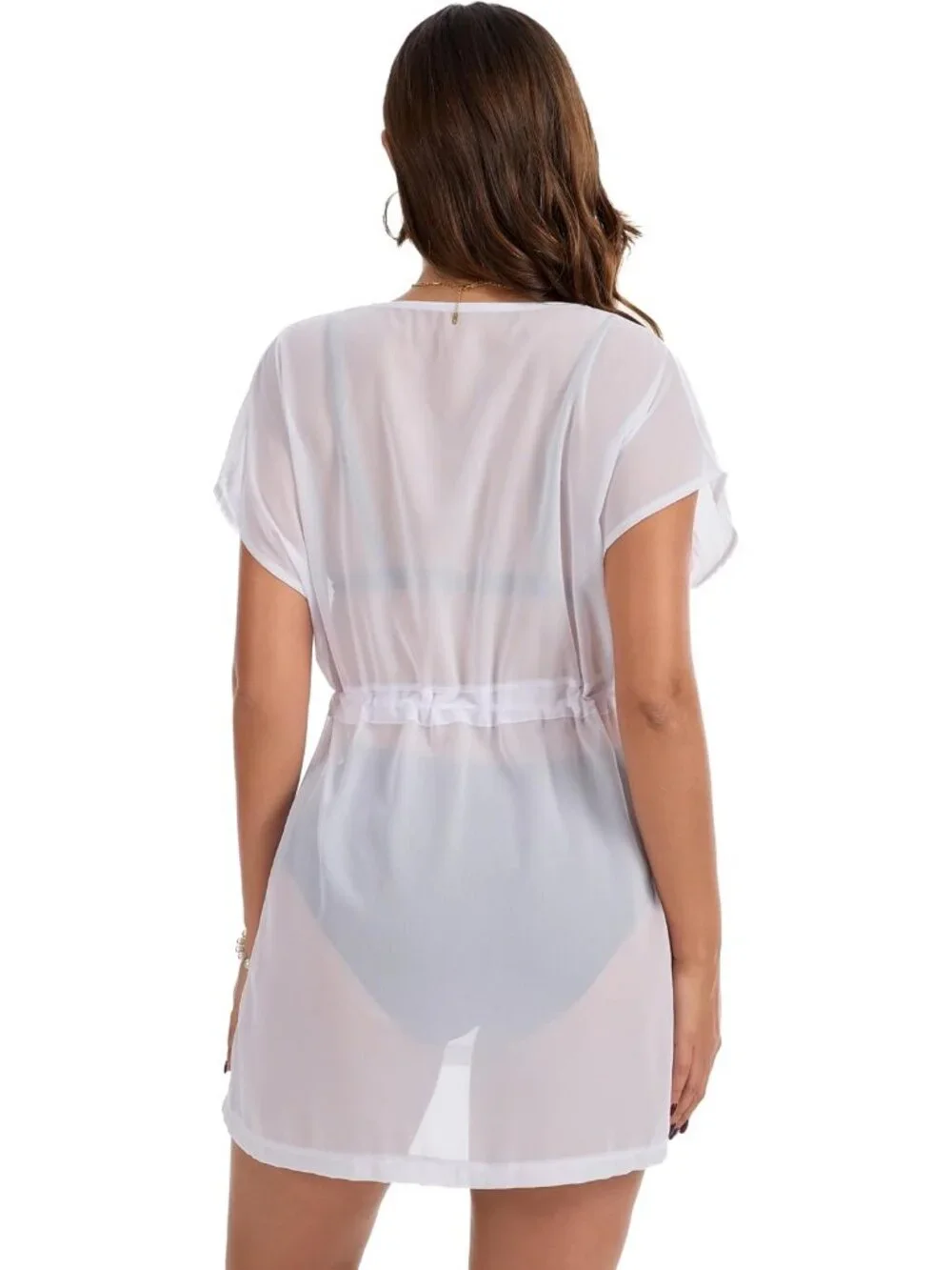 Womens White Polyester Coverup Beach Swimsuit Coverup Swimwear Dress V Neck